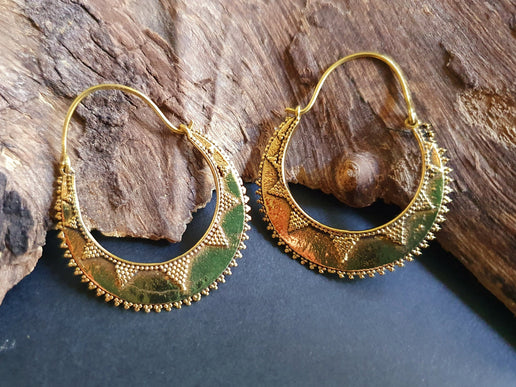 Golden Afghani Hoop Earrings; Ethnic, Geometric, Small, Rustic, Yoga, Hippie, Gypsy, Pretty, Ssy, Boho, Bohemian, Festival