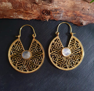 Golden Aztec Ethnic Moonstone Earrings Ethnic, rustic, yoga, hippie, gypsy, pretty, psy, boho, bohemian, festival