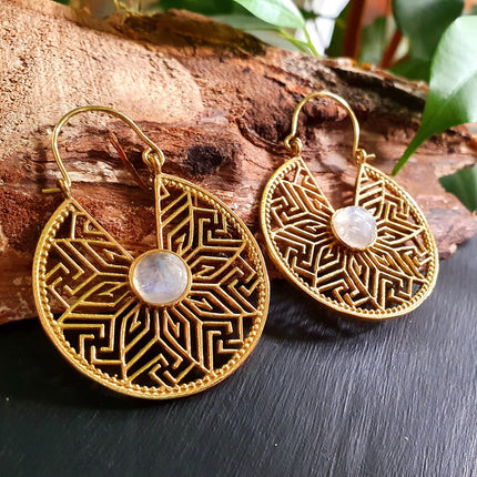 Golden Aztec Ethnic Moonstone Earrings Ethnic, rustic, yoga, hippie, gypsy, pretty, psy, boho, bohemian, festival