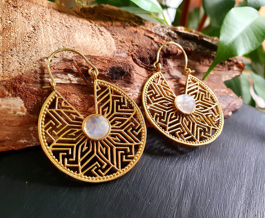 Golden Aztec Ethnic Moonstone Earrings Ethnic, rustic, yoga, hippie, gypsy, pretty, psy, boho, bohemian, festival