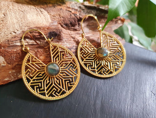 Aztec Hoop Earrings in Brass with Labradorite | Boho Jewellery for Women | Spiritual Ethnic Hoops