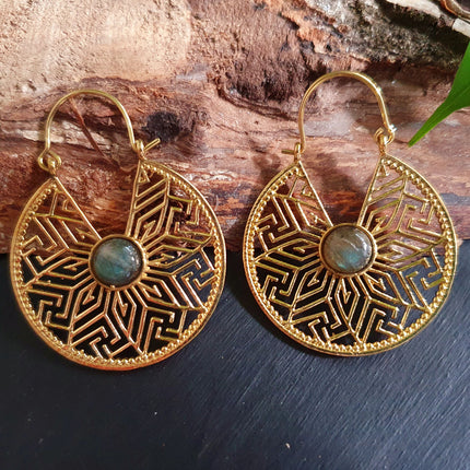 Aztec Labradorite & Brass Hoop Earrings Ethnic, rustic, yoga, hippie, gypsy, pretty, psy, boho, bohemian, festival