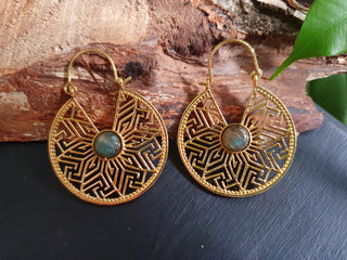 Aztec Hoop Earrings in Brass with Labradorite | Boho Jewellery for Women | Spiritual Ethnic Hoops