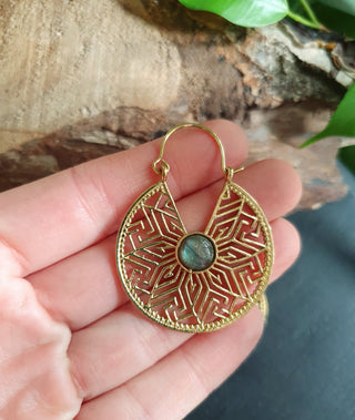Aztec Hoop Earrings in Brass with Labradorite | Boho Jewellery for Women | Spiritual Ethnic Hoops
