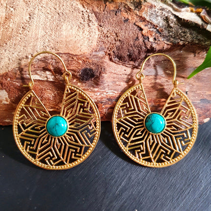 Golden Aztec Ethnic Turquoise Earrings Ethnic, rustic, yoga, hippie, gypsy, pretty, psy, boho, bohemian, festival
