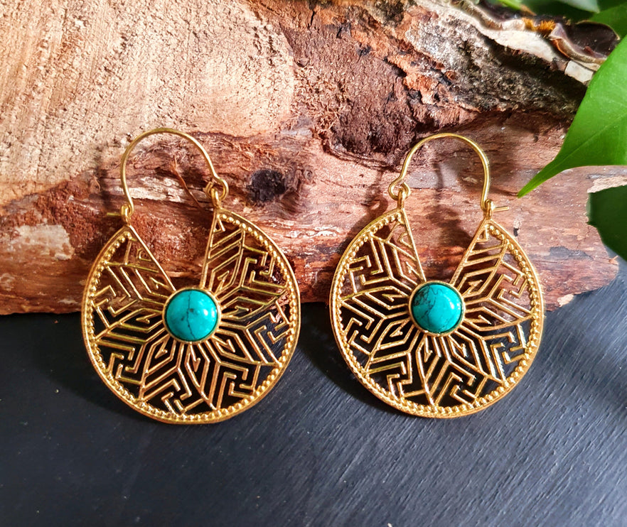 Golden Aztec Ethnic Turquoise Earrings Ethnic, rustic, yoga, hippie, gypsy, pretty, psy, boho, bohemian, festival