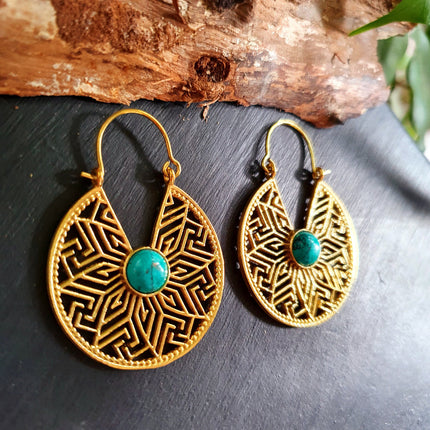 Golden Aztec Ethnic Turquoise Earrings Ethnic, rustic, yoga, hippie, gypsy, pretty, psy, boho, bohemian, festival