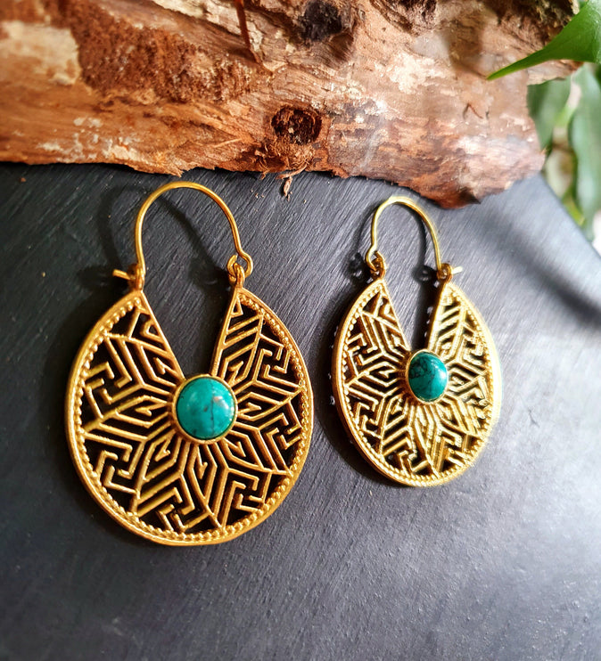 Golden Aztec Ethnic Turquoise Earrings Ethnic, rustic, yoga, hippie, gypsy, pretty, psy, boho, bohemian, festival