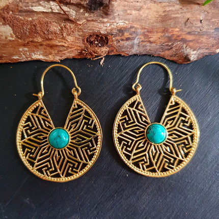 Golden Aztec Ethnic Turquoise Earrings Ethnic, rustic, yoga, hippie, gypsy, pretty, psy, boho, bohemian, festival