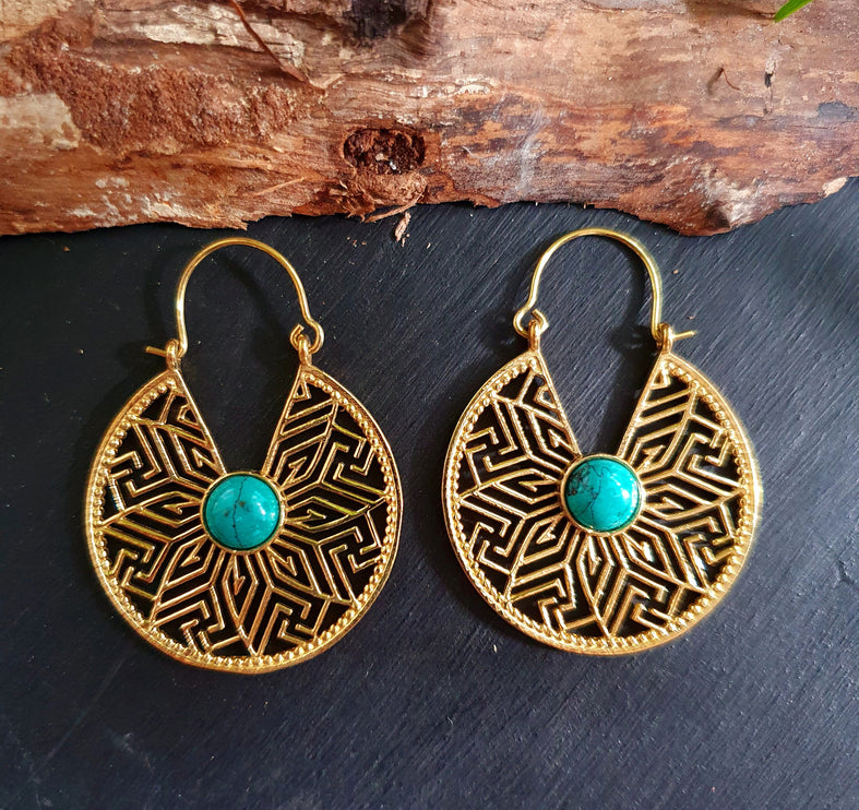 Golden Aztec Ethnic Turquoise Earrings Ethnic, rustic, yoga, hippie, gypsy, pretty, psy, boho, bohemian, festival