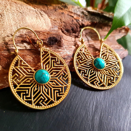 Golden Aztec Ethnic Turquoise Earrings Ethnic, rustic, yoga, hippie, gypsy, pretty, psy, boho, bohemian, festival