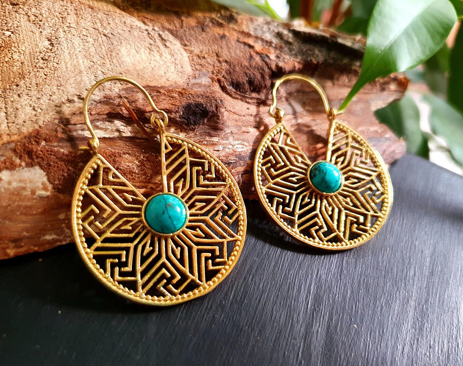 Golden Aztec Ethnic Turquoise Earrings Ethnic, rustic, yoga, hippie, gypsy, pretty, psy, boho, bohemian, festival