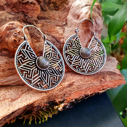 Aztec Labradorite Silver Hoop Earrings Ethnic, rustic, yoga, hippie, gypsy, pretty, psy, boho, bohemian, festival