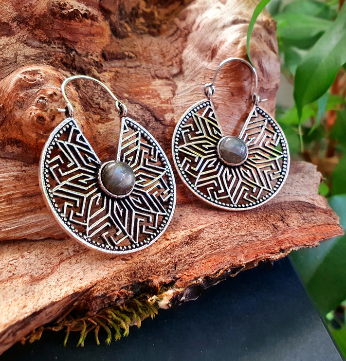 Aztec Labradorite Silver Hoop Earrings Ethnic, rustic, yoga, hippie, gypsy, pretty, psy, boho, bohemian, festival