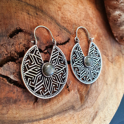 Aztec Labradorite Silver Hoop Earrings Ethnic, rustic, yoga, hippie, gypsy, pretty, psy, boho, bohemian, festival