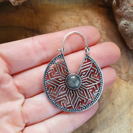Aztec Labradorite Silver Hoop Earrings Ethnic, rustic, yoga, hippie, gypsy, pretty, psy, boho, bohemian, festival