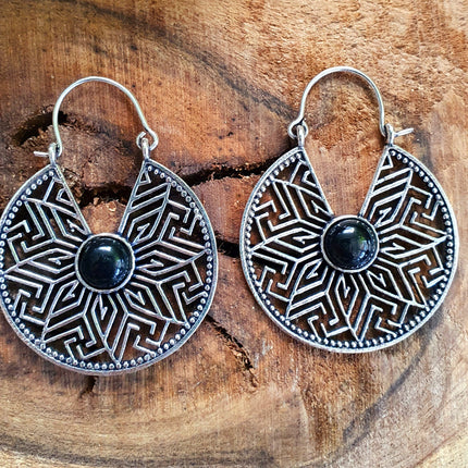 Aztec Black Onyx Silver Hoop Earrings Ethnic, rustic, yoga, hippie, gypsy, pretty, psy, boho, bohemian, festival