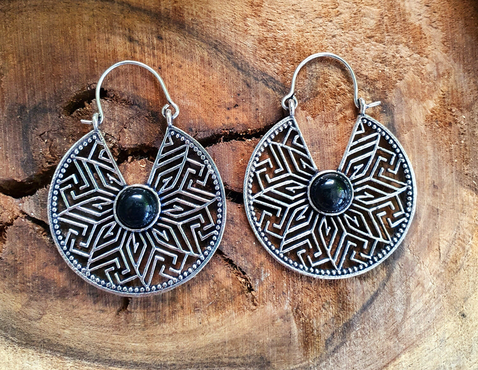 Aztec Black Onyx Silver Hoop Earrings Ethnic, rustic, yoga, hippie, gypsy, pretty, psy, boho, bohemian, festival