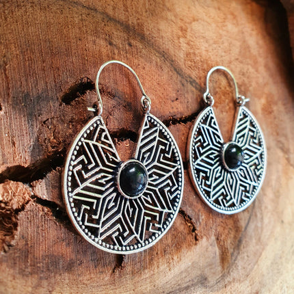 Aztec Black Onyx Silver Hoop Earrings Ethnic, rustic, yoga, hippie, gypsy, pretty, psy, boho, bohemian, festival