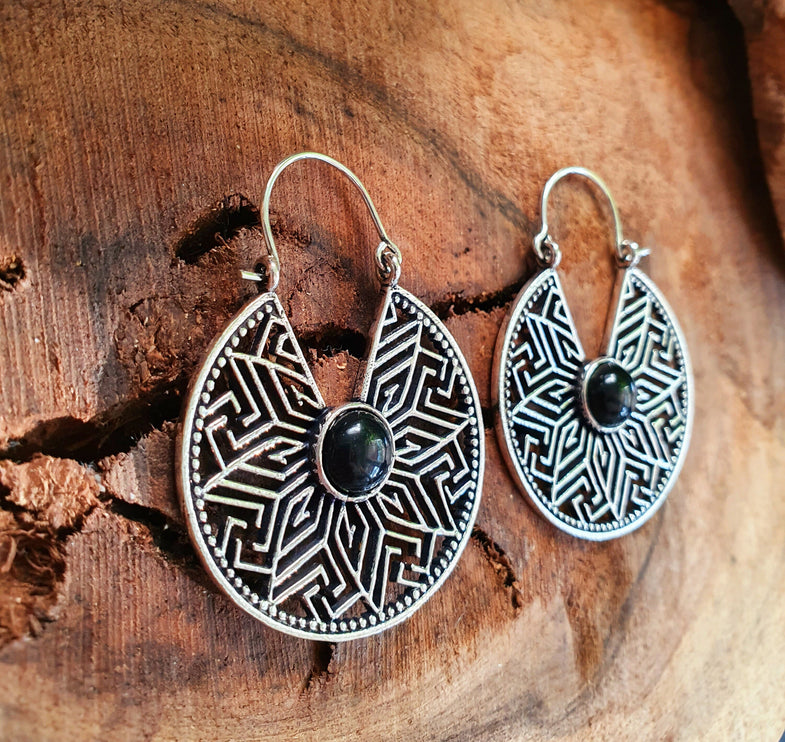 Aztec Black Onyx Silver Hoop Earrings Ethnic, rustic, yoga, hippie, gypsy, pretty, psy, boho, bohemian, festival