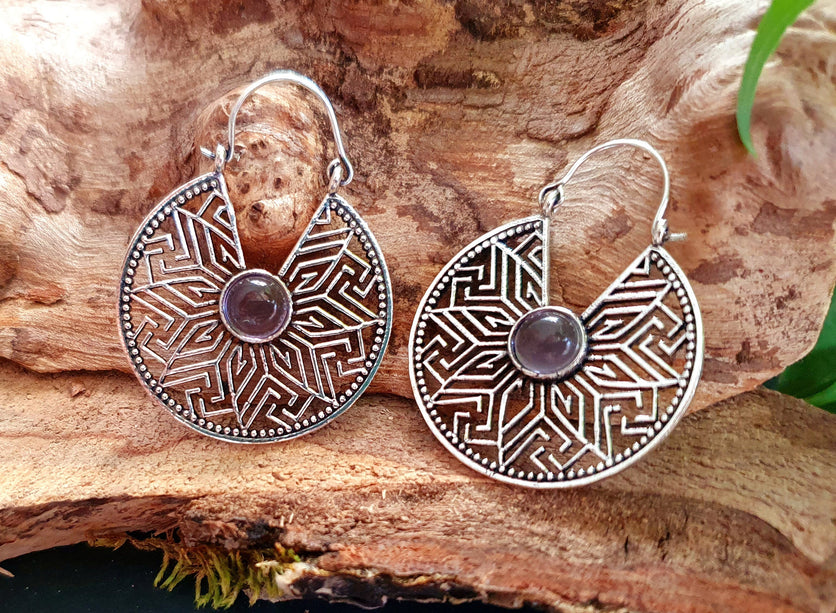 Aztec Amethyst Silver Hoop Earrings Ethnic, rustic, yoga, hippie, gypsy, pretty, psy, boho, bohemian, festival