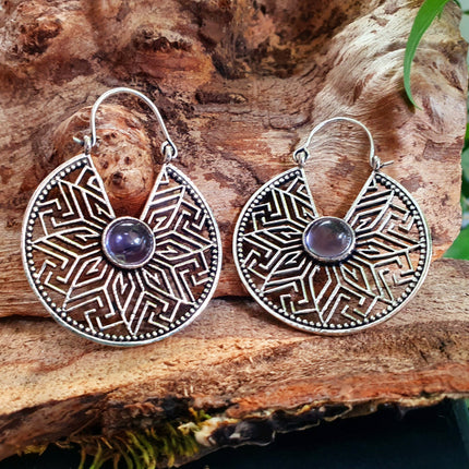 Aztec Amethyst Silver Hoop Earrings Ethnic, rustic, yoga, hippie, gypsy, pretty, psy, boho, bohemian, festival