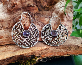 Aztec Amethyst Silver Hoop Earrings Ethnic, rustic, yoga, hippie, gypsy, pretty, psy, boho, bohemian, festival