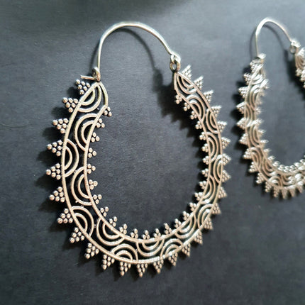 Extra Large Silver Hoop Earrings; Boho Ethnic Rustic Indian Festival Psy Gypsy Spiral Hippie style