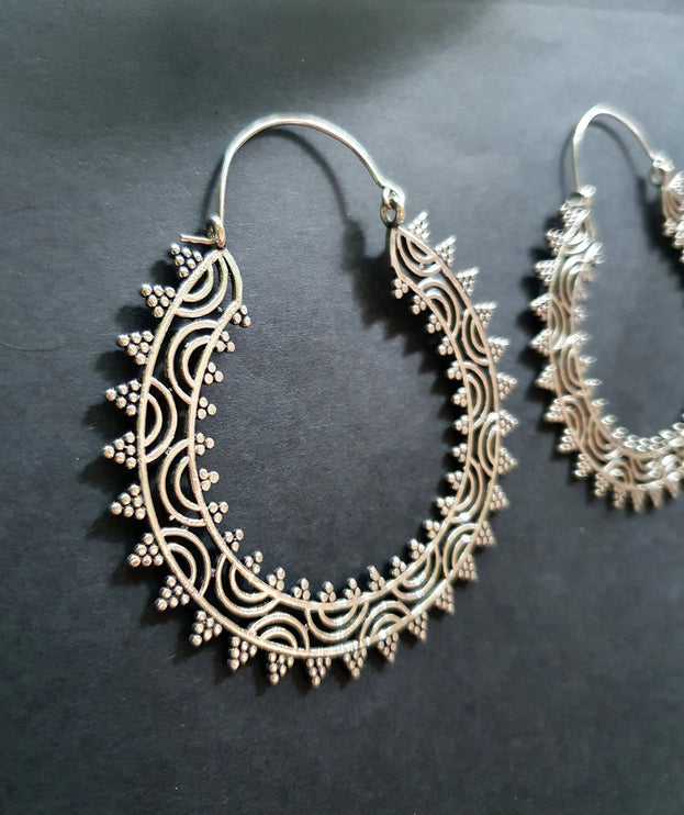 Extra Large Silver Hoop Earrings; Boho Ethnic Rustic Indian Festival Psy Gypsy Spiral Hippie style