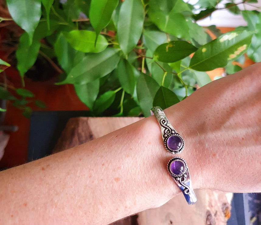 Amethyst Bracelet / Bangle / Silver / Ethnic / Rustic / Bohemian / Hippie / Gypsy / Psy / Chic / Jewellery / Body / Adjustable