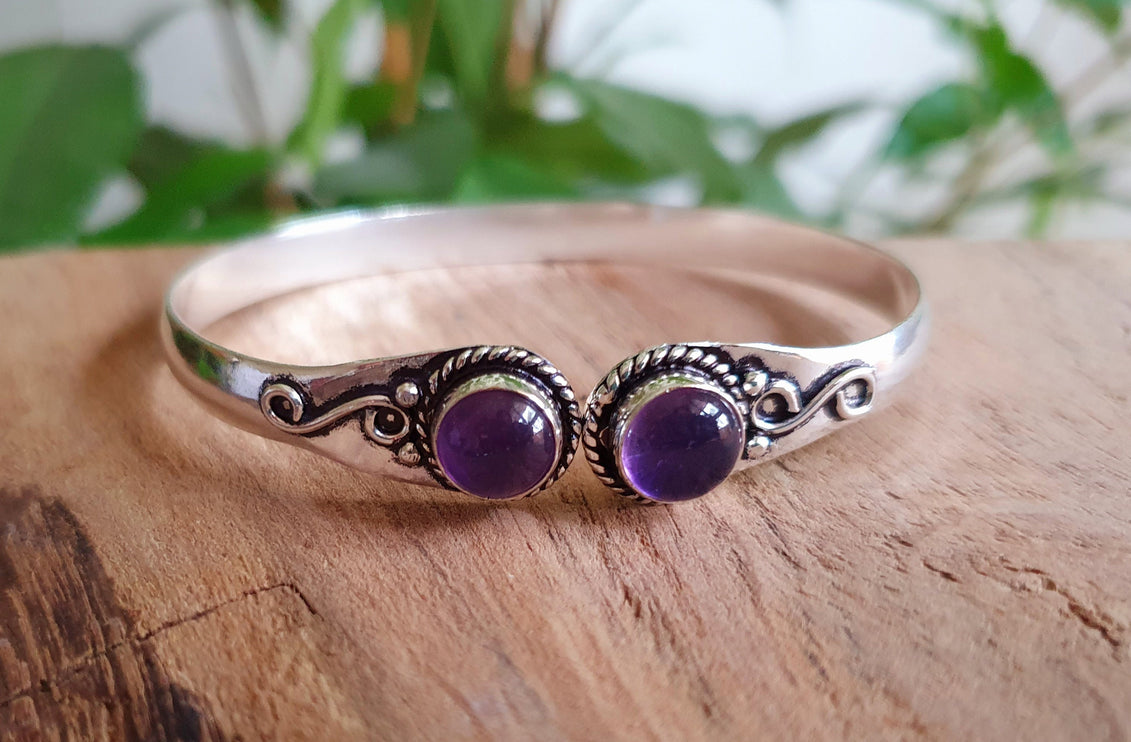 Amethyst Bracelet / Bangle / Silver / Ethnic / Rustic / Bohemian / Hippie / Gypsy / Psy / Chic / Jewellery / Body / Adjustable