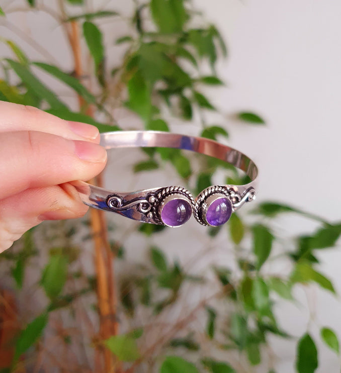 Amethyst Bracelet / Bangle / Silver / Ethnic / Rustic / Bohemian / Hippie / Gypsy / Psy / Chic / Jewellery / Body / Adjustable