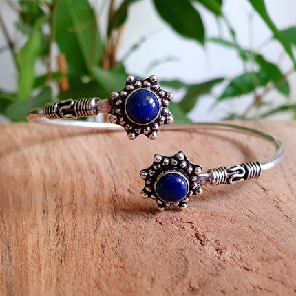 Bali Flower Silver Bracelet / Lapis Lazuli / Bangle / Ethnic / Rustic / Bohemian / Hippie / Gypsy / Psy / Adjustable