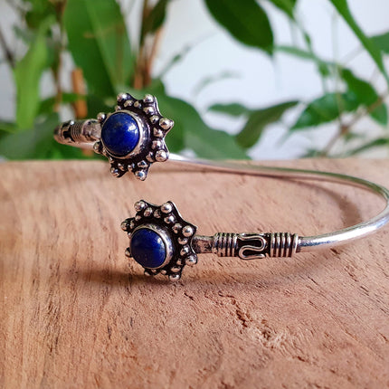 Bali Flower Silver Bracelet / Lapis Lazuli / Bangle / Ethnic / Rustic / Bohemian / Hippie / Gypsy / Psy / Adjustable