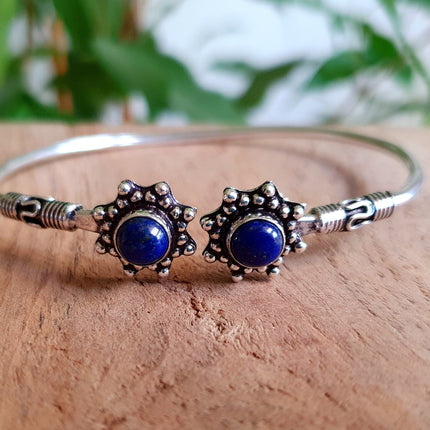 Bali Flower Silver Bracelet / Lapis Lazuli / Bangle / Ethnic / Rustic / Bohemian / Hippie / Gypsy / Psy / Adjustable