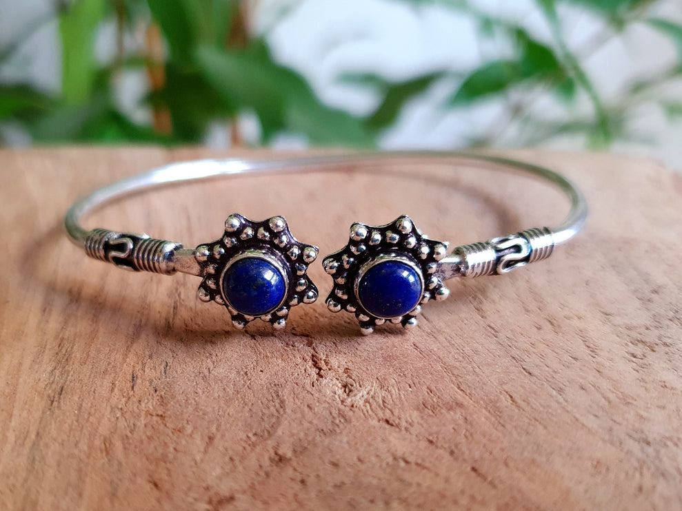 Bali Flower Silver Bracelet / Lapis Lazuli / Bangle / Ethnic / Rustic / Bohemian / Hippie / Gypsy / Psy / Adjustable