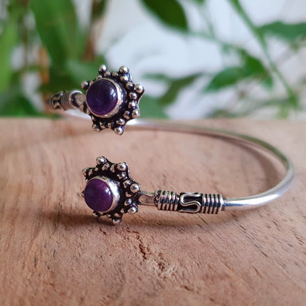 Amethyst Bali Flower Silver Bracelet / Bangle / Ethnic / Rustic / Bohemian / Hippie / Gypsy / Psy / Adjustable
