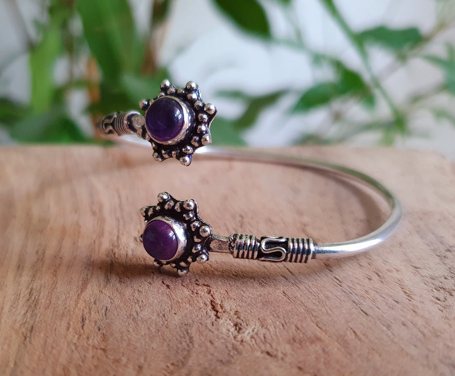 Amethyst Bali Flower Silver Bracelet / Bangle / Ethnic / Rustic / Bohemian / Hippie / Gypsy / Psy / Adjustable