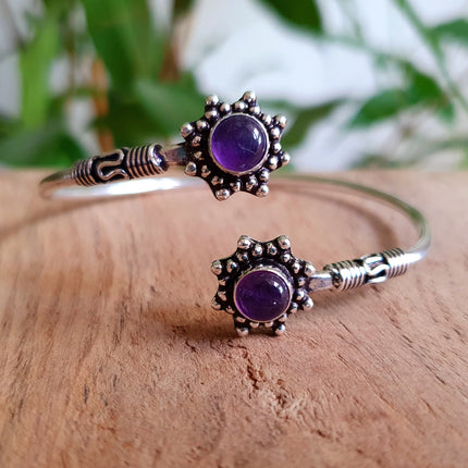 Amethyst Bali Flower Silver Bracelet / Bangle / Ethnic / Rustic / Bohemian / Hippie / Gypsy / Psy / Adjustable