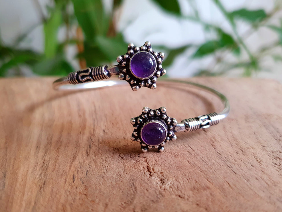 Amethyst Bali Flower Silver Bracelet / Bangle / Ethnic / Rustic / Bohemian / Hippie / Gypsy / Psy / Adjustable