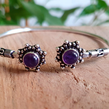 Amethyst Bali Flower Silver Bracelet / Bangle / Ethnic / Rustic / Bohemian / Hippie / Gypsy / Psy / Adjustable