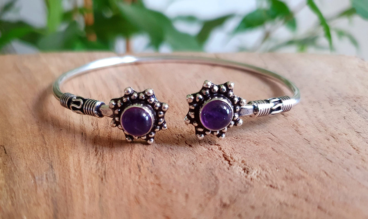 Amethyst Bali Flower Silver Bracelet / Bangle / Ethnic / Rustic / Bohemian / Hippie / Gypsy / Psy / Adjustable