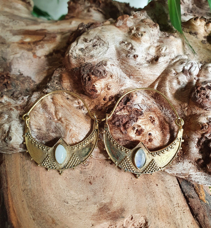 Golden Ethnic Moonstone Earrings Ethnic, rustic, yoga, hippie, gypsy, pretty, psy, boho, bohemian, festival