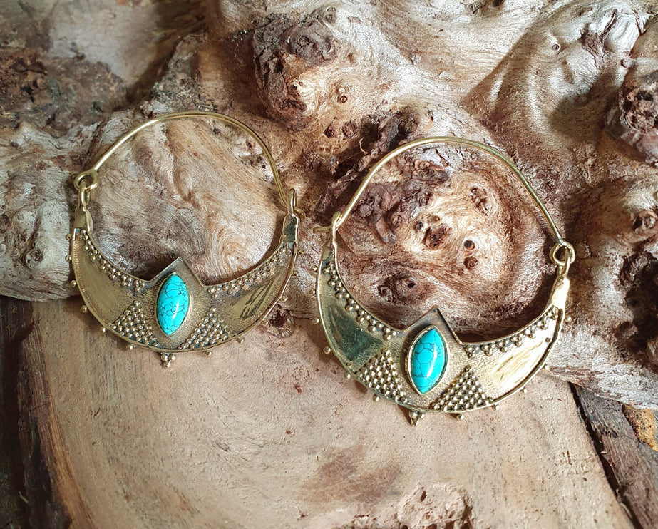 Golden Ethnic Turquoise Earrings Ethnic, rustic, yoga, hippie, gypsy, pretty, psy, boho, bohemian, festival