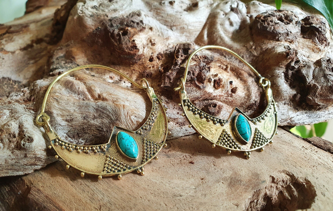 Golden Ethnic Turquoise Earrings Ethnic, rustic, yoga, hippie, gypsy, pretty, psy, boho, bohemian, festival