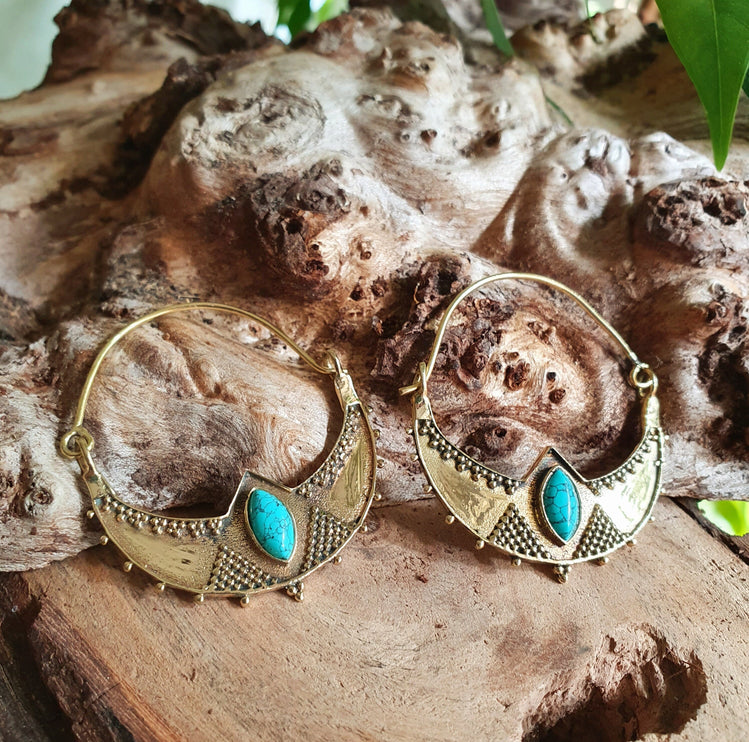 Golden Ethnic Turquoise Earrings Ethnic, rustic, yoga, hippie, gypsy, pretty, psy, boho, bohemian, festival