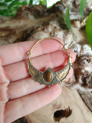 Tiger Eye & Brass Ethnic Hoop Earrings / Boho / Yoga / Ethnic / Rustic / Gypsy / Tribal / Bohemian / Festival / Coachella / Chic