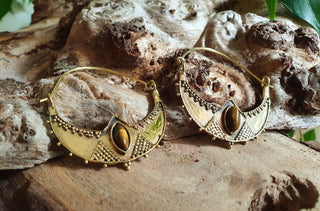 Tiger Eye & Brass Ethnic Hoop Earrings / Boho / Yoga / Ethnic / Rustic / Gypsy / Tribal / Bohemian / Festival / Coachella / Chic