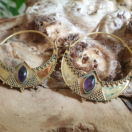 Amethyst & Brass Ethnic Earrings / Boho / Yoga / Rustic / Gypsy / Tribal / Bohemian / Festival / Coachella / Chic