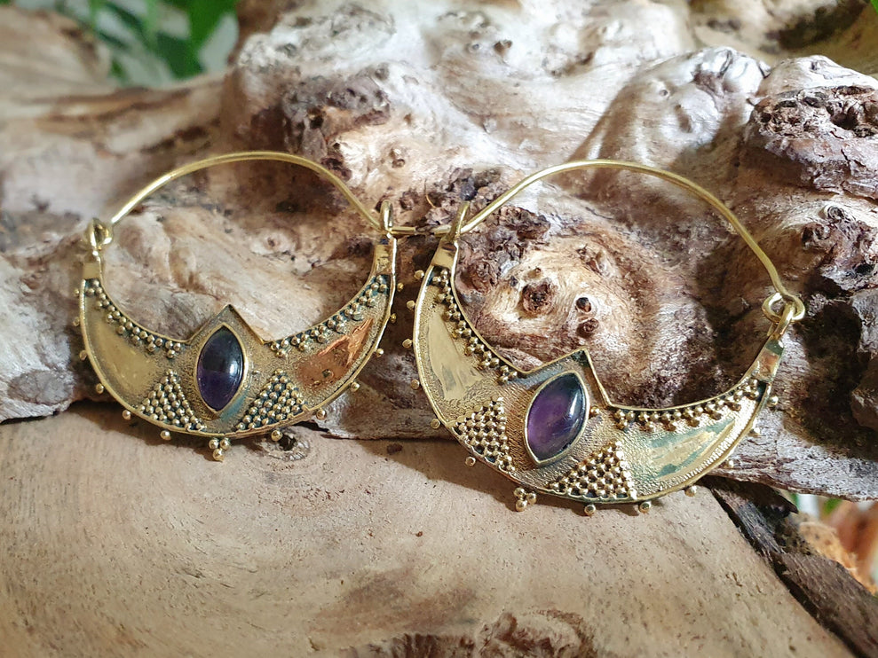 Amethyst & Brass Ethnic Earrings / Boho / Yoga / Rustic / Gypsy / Tribal / Bohemian / Festival / Coachella / Chic